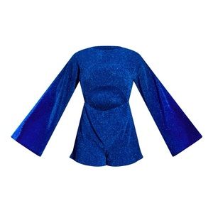 Princess Polly Bright Blue Glitter Plisse Flare Sleeve Cut Out Romper